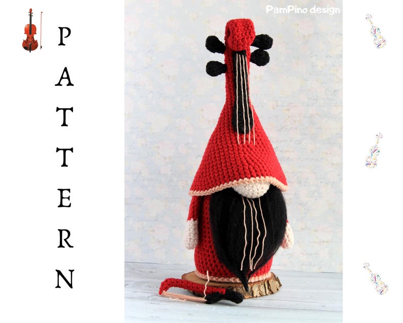 May include: A handmade red and black crochet gnome shaped like a violin. The gnome has a long black beard, a red hat, and a white trim. The text "PATTERN" is on the left side of the image.