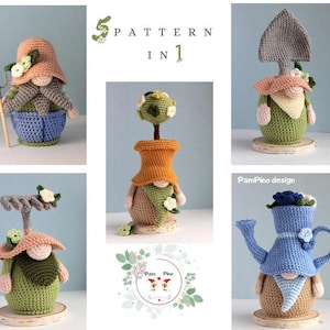 May include: A collection of five crochet garden gnome patterns. Each gnome is uniquely designed, featuring hats, tools, and floral accents. The gnomes are in various colors, including green, blue, orange, and pink, and are displayed on wooden bases.