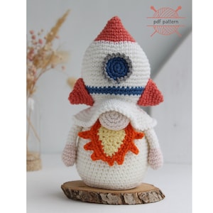 Crochet Rocket ship gnome pattern, Amigurumi crochet rocket hat