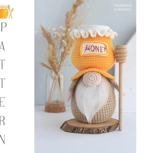 Crochet patterns: crochet Gnome with honey pot, Crochet bee pattern, Bee amigurumi pattern, Crochet food pattern, Amigurumi food pattern