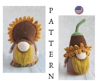 May include: Two crochet gnome figures. One has a sunflower hat, the other a pointed hat. Both have a white nose, yellow beard, and are made of brown, yellow, and tan yarn. The word "PATTERN" is written vertically.