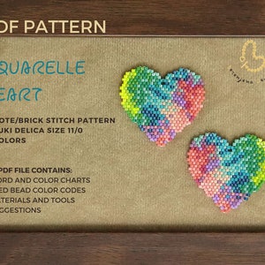 Miyuki delica watercolor hearts peyote stitch pattern. Brick stitch hearts beaded earring patterns instant download