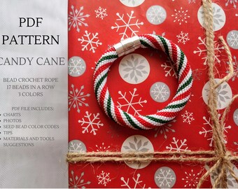 PDF Pattern for Christmas ornament seed bead bracelet.  Candy cane beadwork pattern