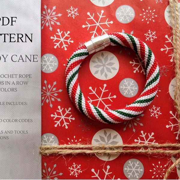 PDF Pattern for Christmas ornament seed bead bracelet.  Candy cane beadwork pattern