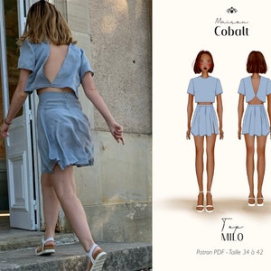 Peut inclure: Ensemble deux pièces bleu clair, composé d'un crop top avec découpe au dos et d'une jupe assortie. L'image comprend également une illustration de mode de la tenue, avec le texte "Maison Cobalt" et "Top Milo".