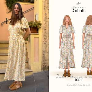May include: A woman wearing a yellow floral wrap dress with short sleeves and a tie waist. The dress is paired with brown sandals. Next to the woman is a fashion illustration of the dress. The illustration is labeled "Maison Cobalt" and "JODIE".