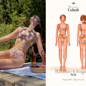 Puede incluir: Un conjunto de bikini con estampado floral y braguita de cintura alta a juego. El diseño presenta una base rosa con flores naranjas y amarillas. La imagen también incluye una ilustración de moda del bikini y el texto "Maison Cobalt".