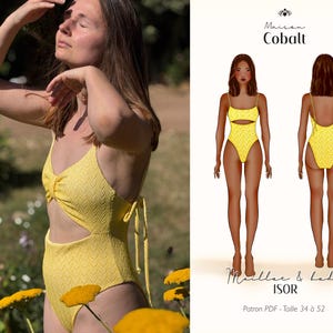 May include: A woman wearing a yellow swimsuit with a textured pattern, posing outdoors in sunlight. The swimsuit has a cut-out design and tie details. Next to the woman is a digital illustration of the swimsuit, labeled "Maillot & lady ISOR".