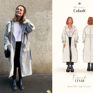 May include: A woman wearing a long, light gray trench coat with a white sweater underneath. The coat has a belt and pockets. The woman is standing in front of a concrete wall. On the right side of the image is a fashion illustration of a woman wearing the same coat. The illustration is labeled "Maison Cobalt" and "Trench Cesar".