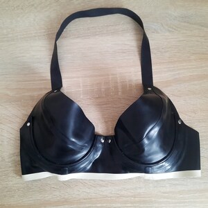 Latex Bra with Contrast Stripe, Black Rubber Bra with White Trim, Custom Latex Lingerie Top, Latex Swimsuit Bra, Handmade Fetish Bra