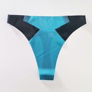 Sexy latex thong in black & blue, Rubber panties, Two-color latex g-string, Fetish underwear, Handmade rubber lingerie