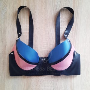 Thick Latex Bra with Cups in Pink and Blue, Black Rubber Bra with Adjustable Straps, Handmade Latex Lingerie, Fetish Swimsuit Bra