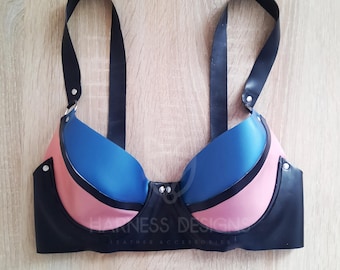 Thick Latex Bra with Cups in Pink and Blue, Black Rubber Bra with Adjustable Straps, Handmade Latex Lingerie, Fetish Swimsuit Bra