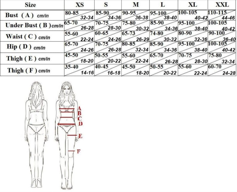 May include: A size chart for clothing with measurements in inches and centimeters. The chart shows the measurements for bust, under bust, waist, hip, thigh, and thigh. The measurements are listed for sizes XS, S, M, L, XL, and XXL.