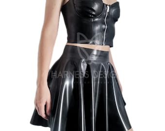 Latex Bustier Top & Skater Skirt Set: Zipper Rubber Outfit