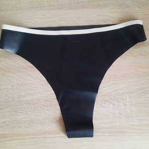 Black latex thong with white trim, Handmade rubber panties, Glossy latex underwear, Minimalist latex lingerie, Custom fetish wear