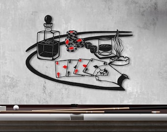 Metal Casino Wall Decor - Poker Table, Cards, Whiskey, Dice, and Chips Design