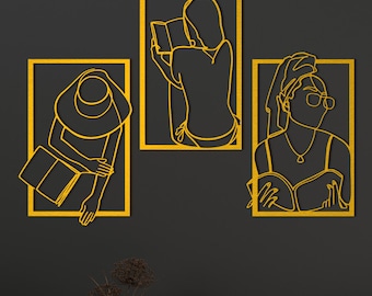Arte de pared de metal de 3 piezas: Chica leyendo abstracta, decoración minimalista
