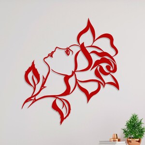 Rose Girl Line Art: Metal Wall Decor, Feminine Gift