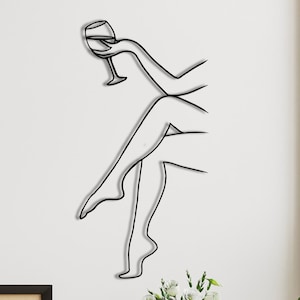wine lover woman minimalist line art, modern kitchen art, interior decor, wall hangings, metal line art, wine wall decor, wine lover art