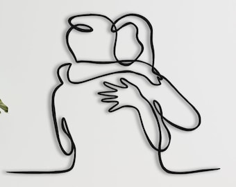 Hugging Couple Metal Wall Art: Minimalist Line Decor