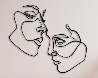 Minimalist Metal Couple Wall Art: Single Line Faces Silhouette