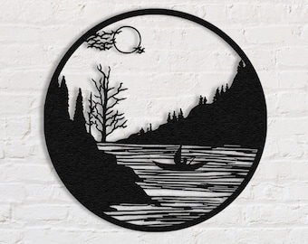 Arte de pared de metal junto al lago: Barco de pesca, decoración con vistas a la naturaleza