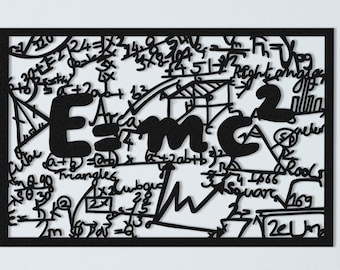 May include: Black and white wall art featuring a large, handwritten "E=mc2" surrounded by various mathematical equations and symbols. The art is framed in a black frame and is hanging on a white wall.