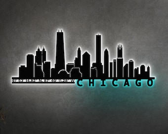 Chicago Skyline LED Sign: Metal City Wall Art