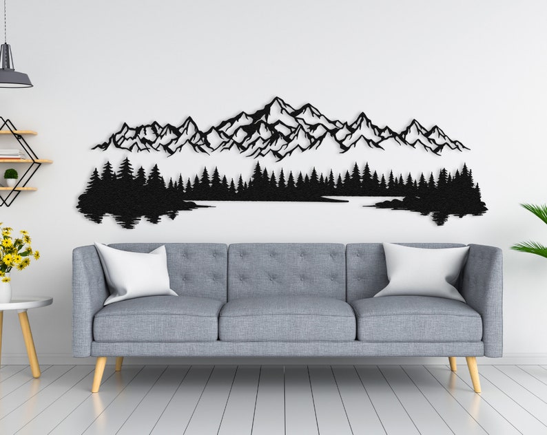 Nature inspired metal wall art featuring forest and mountain silhouette Wall Art
