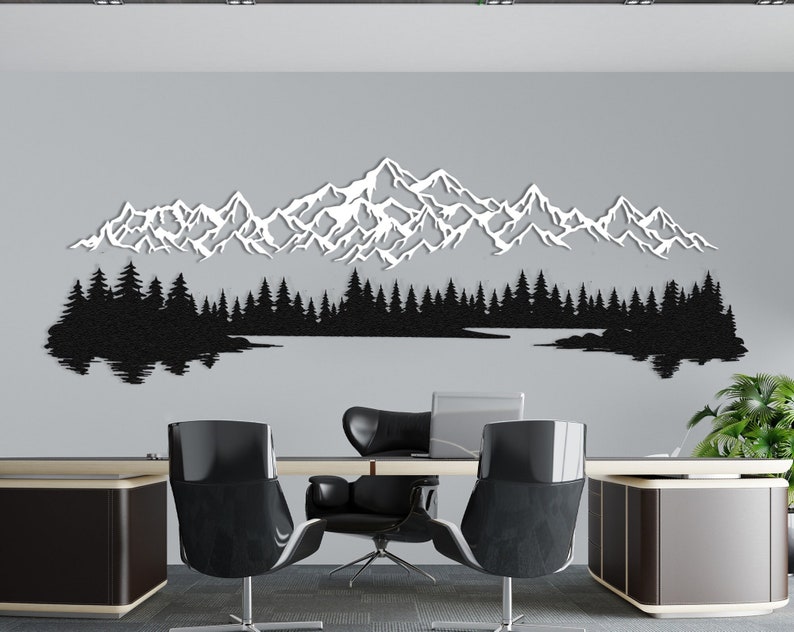Extra large mountain and forest metal wall art above bed in a modern farmhouse bedroom