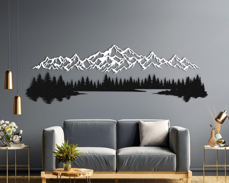 Black steel mountain landscape metal wall art with 3D shadow effect