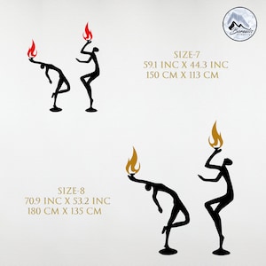 May include: Two black silhouette figures holding a torch, one with a red flame and the other with a gold flame. The figures are standing on a base. The text "SIZE-7 59.1 INC X 44.3 INC 150 CM X 113 CM" and "SIZE-8 70.9 INC X 53.2 INC 180 CM X 135 CM" is below the figures.