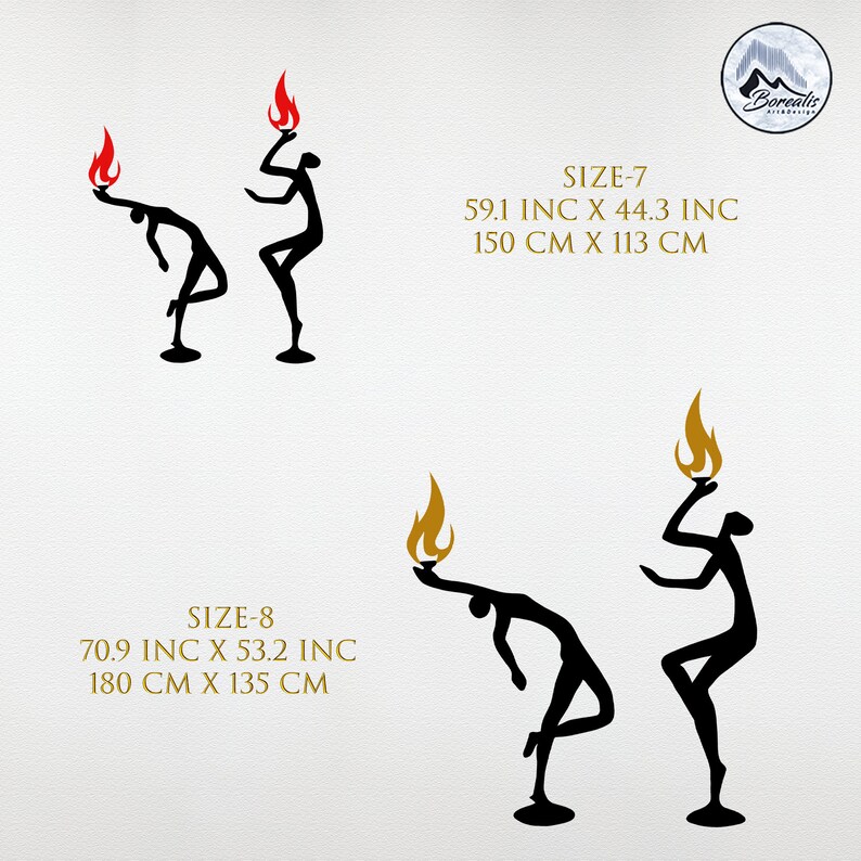 May include: Two black silhouette figures holding a torch, one with a red flame and the other with a gold flame. The figures are standing on a base. The text "SIZE-7 59.1 INC X 44.3 INC 150 CM X 113 CM" and "SIZE-8 70.9 INC X 53.2 INC 180 CM X 135 CM" is below the figures.