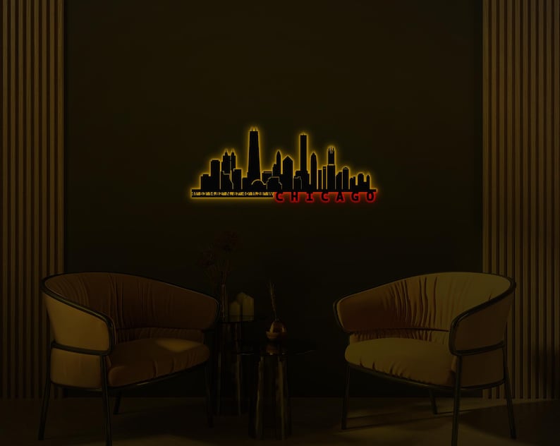 led wall art, chicago art, chicago poster, trendy wall art, city wall art, christmas gift, metal wall decor, city coordinate, chicago wall art, home wall decor, city map wall art, led sign,