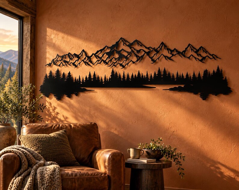 mountain and forest extra lagre black metal wall art