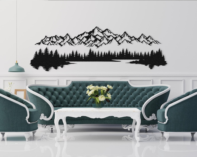 Modern minimalist interior with horizontal nature metal wall decor