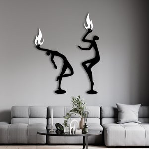 Metal Fire Dance Couple Wall Art: Modern Silhouette Decor