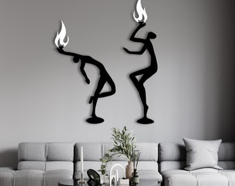 Metal Fire Dance Couple Wall Art: Modern Silhouette Decor
