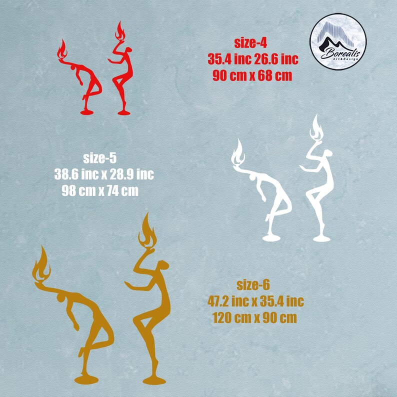 May include: Three different sizes of a wall decal featuring a stylized figure holding a flame above their head. The figure is shown in red, white, and gold. The decal is available in sizes 4, 5, and 6. The measurements for each size are listed in inches and centimeters. The text "Borealis Air Design" is also included in the image.