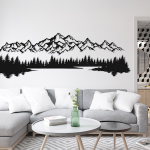 Farmhouse style bedroom with long narrow mountain metal wall art