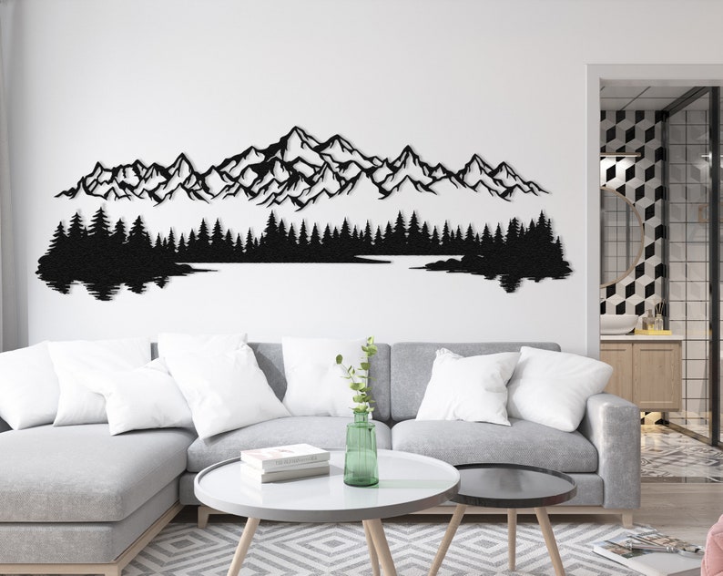 Farmhouse style bedroom with long narrow mountain metal wall art