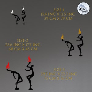 May include: Three different sizes of black silhouette wall art featuring a person holding a torch with a red flame. The art is available in three sizes: 15.4 inches by 11.5 inches, 23.6 inches by 17.7 inches, and 29.5 inches by 22.2 inches. The text "SIZE-1", "SIZE-2", and "SIZE-3" is included in the image.