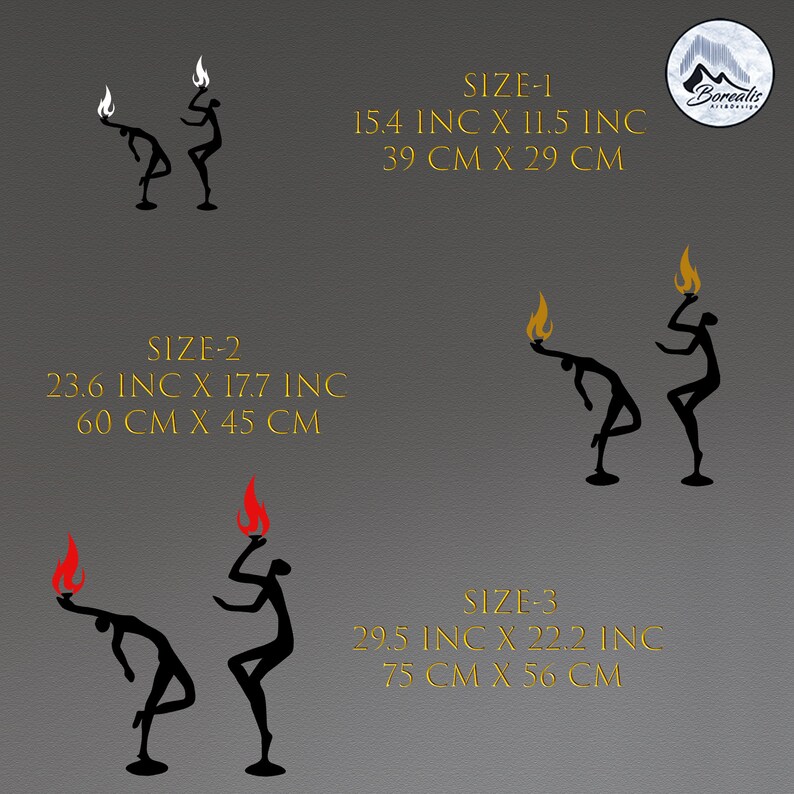 May include: Three different sizes of black silhouette wall art featuring a person holding a torch with a red flame. The art is available in three sizes: 15.4 inches by 11.5 inches, 23.6 inches by 17.7 inches, and 29.5 inches by 22.2 inches. The text "SIZE-1", "SIZE-2", and "SIZE-3" is included in the image.