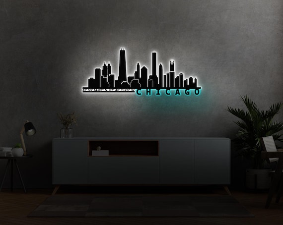 Chicago Skyline LED Sign: Metal City Wall Art