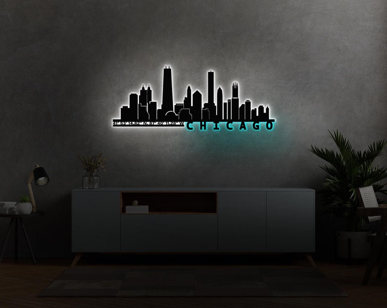 chicago wall art, trendy wall art, christmas gift, city wall art, living room decor, metal wall decor, chicago art, chicago poster, home wall decor, city map wall art, city coordinate, led