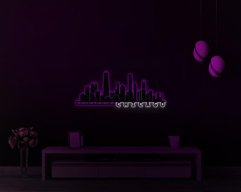 city wall art, chicago poster, christmas gift, trendy wall art, led sign, city map wall art, chicago wall art, city coordinate, metal wall decor, living room decor, led wall art, home wall