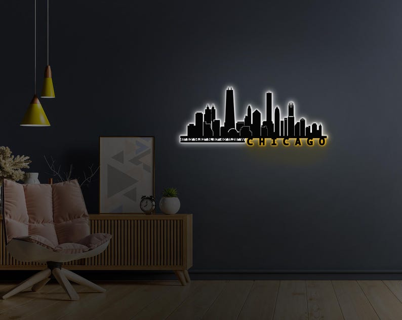 metal wall decor, city coordinate, trendy wall art, chicago poster, home wall decor, led wall art, christmas gift, chicago wall art, chicago art, city map wall art, city wall art, led sign,