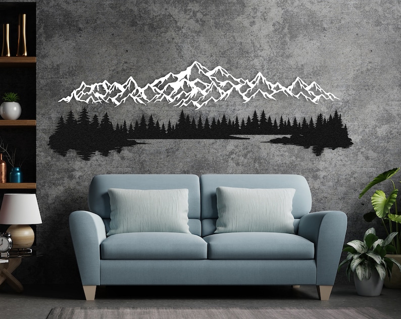 Large sectional mountain metal wall art mounted seamlessly on wall