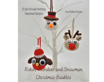 Robin, Snowman and Reindeer Christmas Baubles 22 pin Circular Knitting Machine PDF Pattern